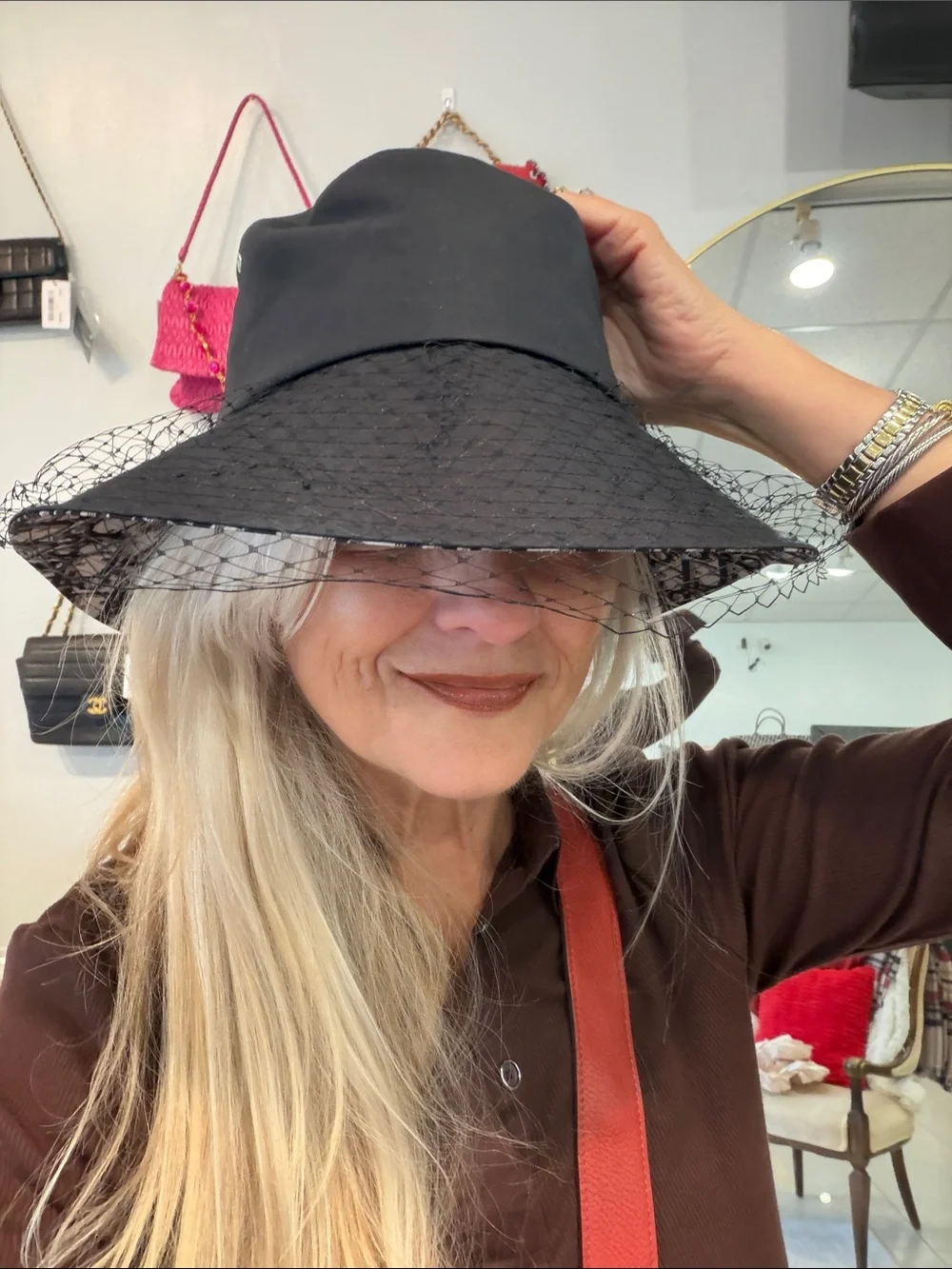 Dior Classic Wide-Brim Bucket Hat with Decorative Veil in Black and Tan